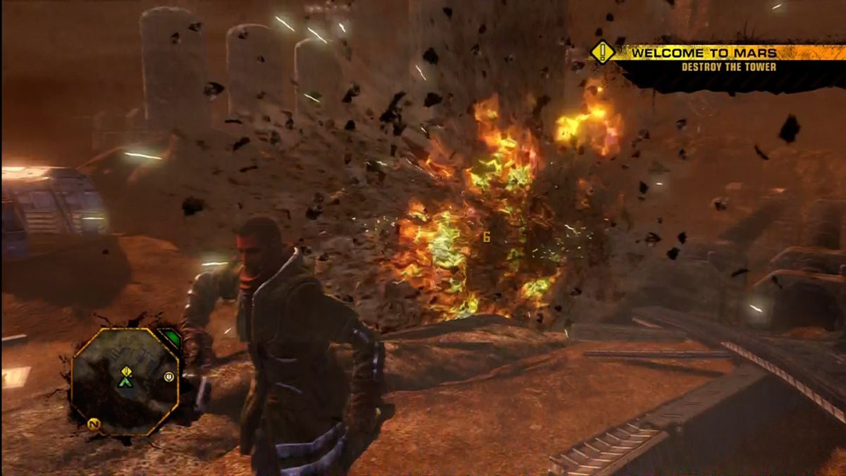 Red Faction: Guerrilla gameplay for Xbox 360 (X360) open-world sci-fi third-person shooter video game