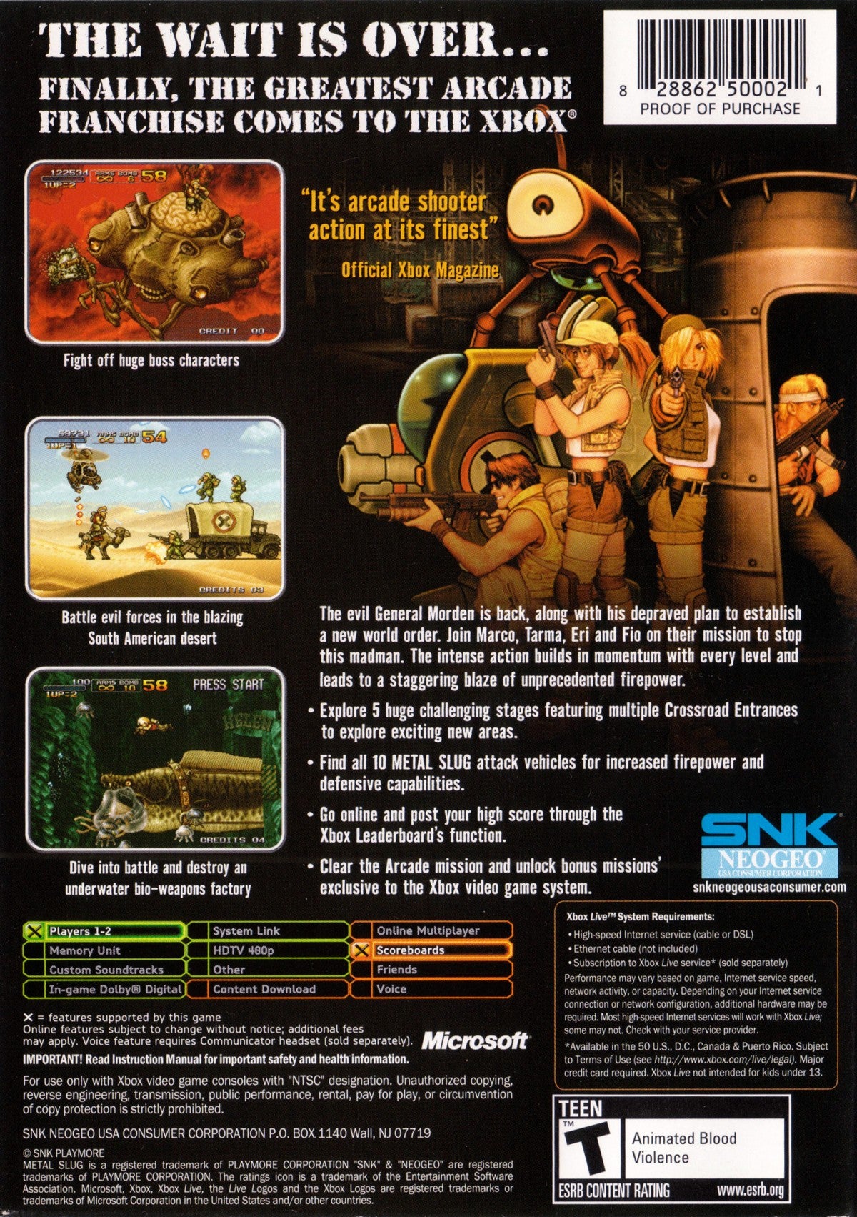 Metal Slug 3 Xbox run and gun arcade shooter video game SNK Neo Geo side-scrolling action multiple branching paths player selectable characters Marco Eri Fio Germi Tarma Roving heavy machine gun shotgun flame shot rocket launcher enemy vehicles slug tank flying submarine camel slave zombie transformation aliens mummies yetis hidden missions unlimited continues cooperative gameplay classic 2D sprite animation challenging difficulty back cover