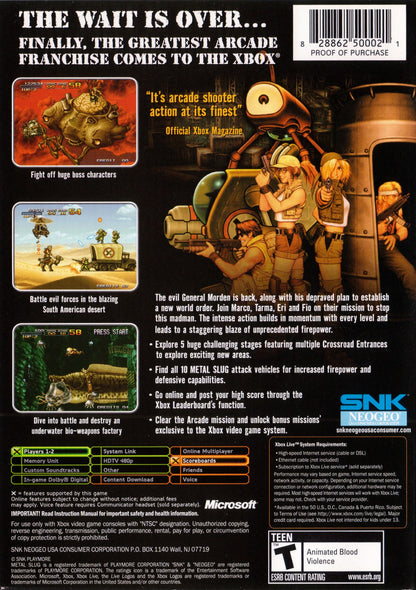 Metal Slug 3 Xbox run and gun arcade shooter video game SNK Neo Geo side-scrolling action multiple branching paths player selectable characters Marco Eri Fio Germi Tarma Roving heavy machine gun shotgun flame shot rocket launcher enemy vehicles slug tank flying submarine camel slave zombie transformation aliens mummies yetis hidden missions unlimited continues cooperative gameplay classic 2D sprite animation challenging difficulty back cover