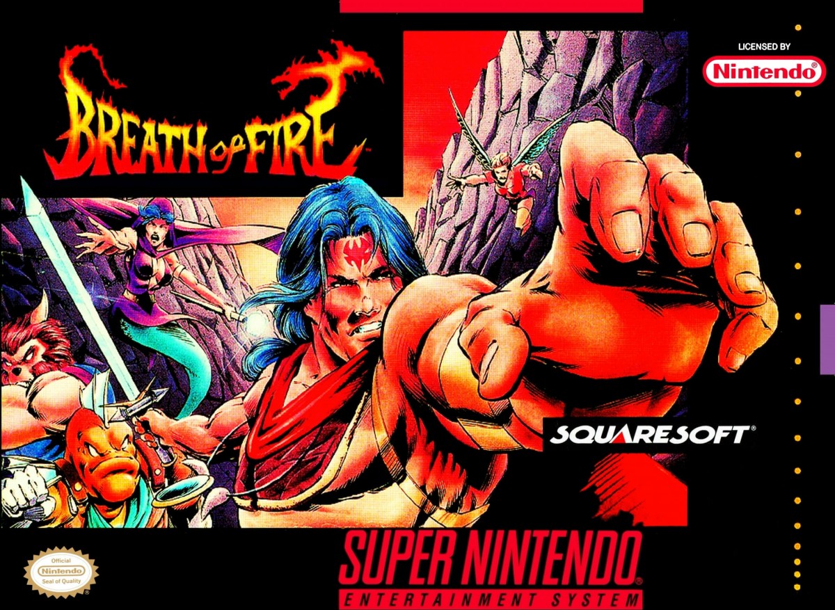 Breath of Fire Super Nintendo SNES JRPG role playing game fantasy adventure turn based combat Capcom classic dragon transformation story driven exploration party based RPG retro 16 bit gaming Super Nintendo Entertainment System software video game title cover art 