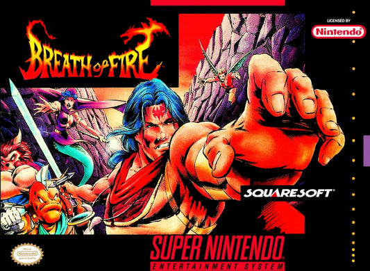 Breath of Fire Super Nintendo SNES JRPG role playing game fantasy adventure turn based combat Capcom classic dragon transformation story driven exploration party based RPG retro 16 bit gaming Super Nintendo Entertainment System software video game title cover art 