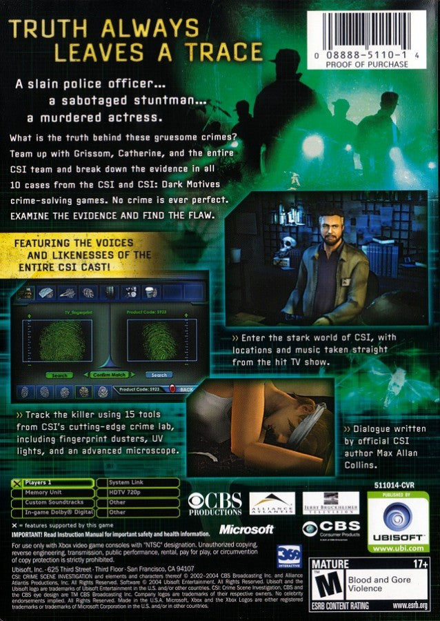 CSI: Crime Scene Investigation back cover art for Xbox (XBOX) video game
