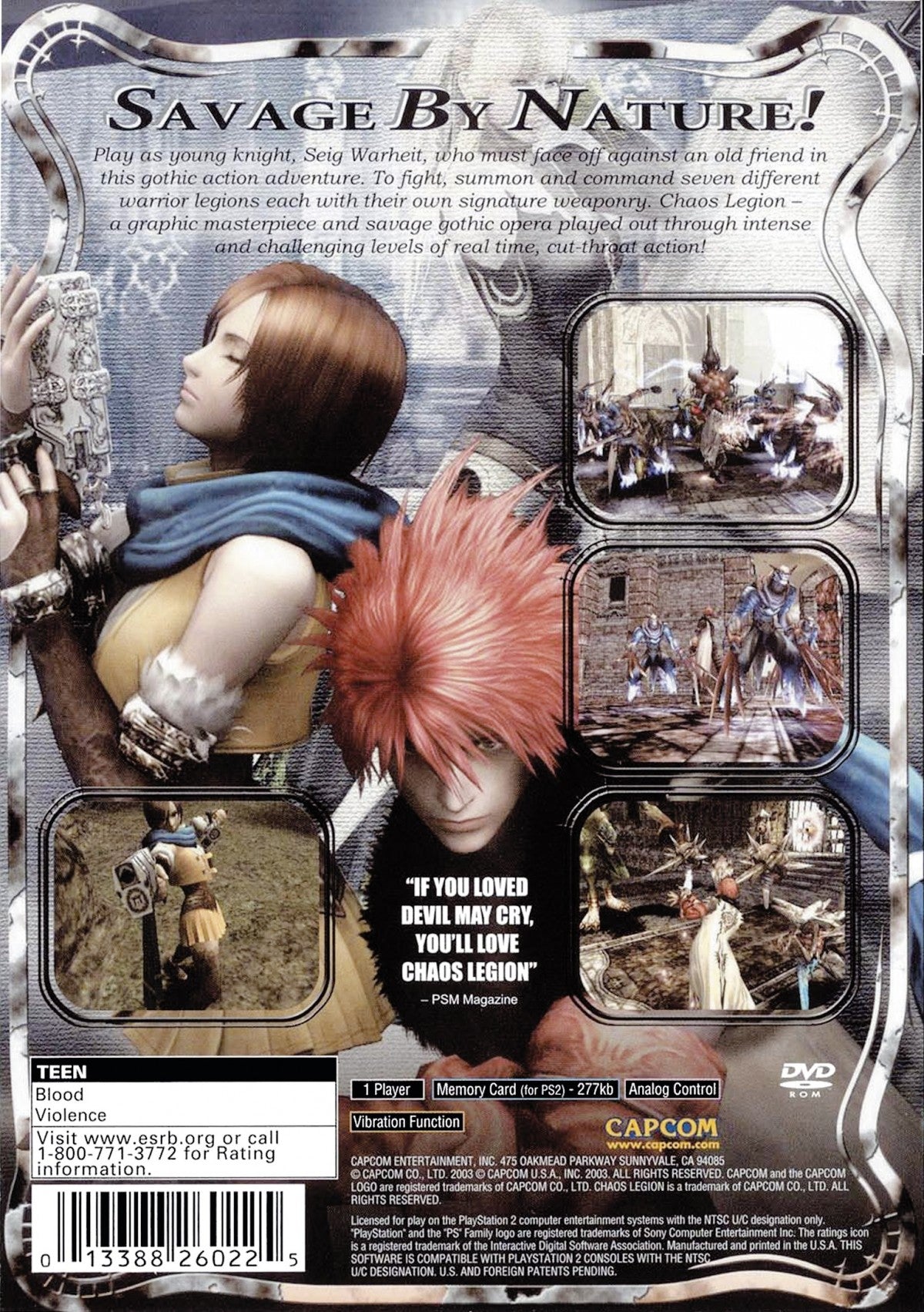 Chaos Legion for PlayStation 2 with dark fantasy action and strategic combat gameplay theme back cover art