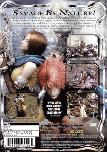 Chaos Legion for PlayStation 2 with dark fantasy action and strategic combat gameplay theme back cover art