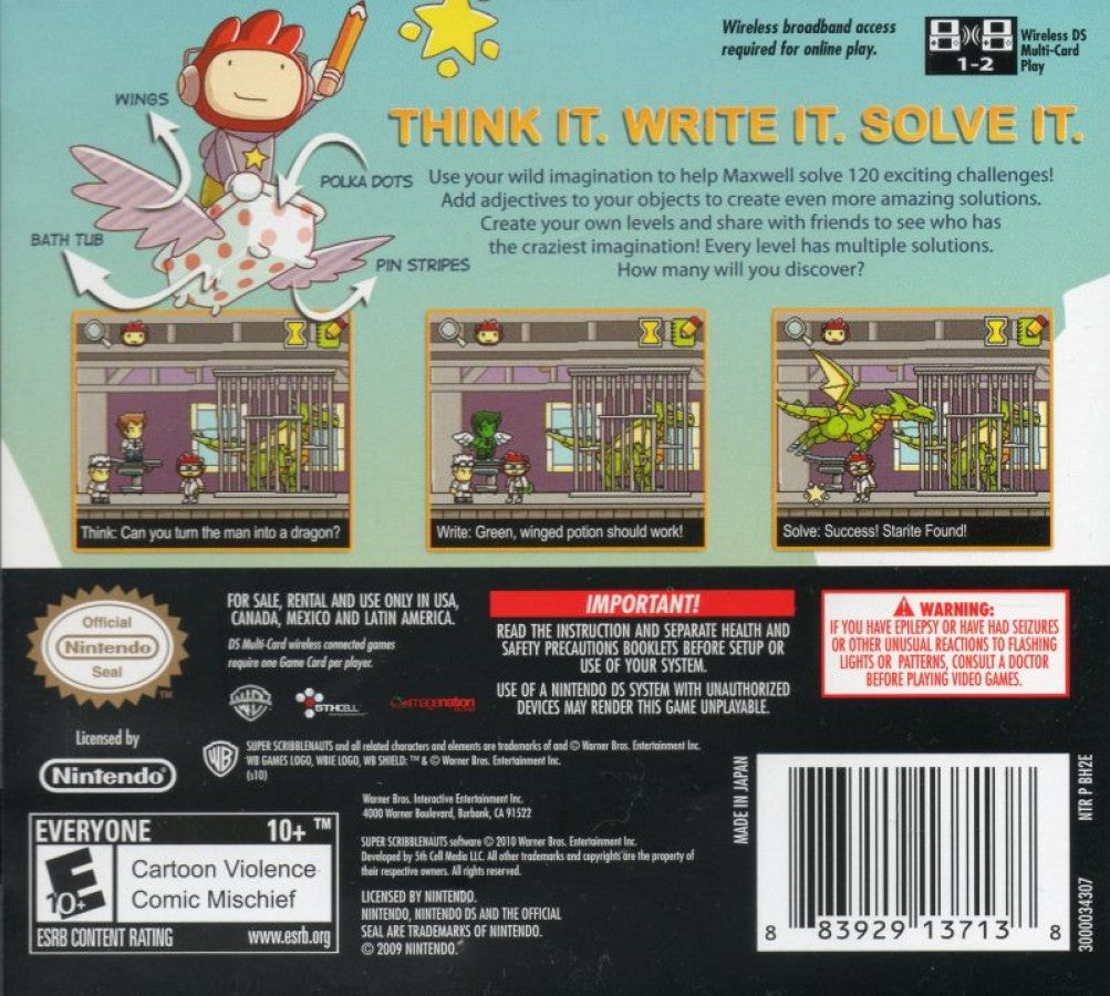 Super Scribblenauts Nintendo DS for retro video game enthusiasts featuring creative puzzle gameplay expansive vocabulary based problem solving imaginative object creation challenging brain teasers family friendly handheld adventure and collectible gaming appeal back art 