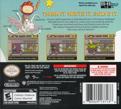 Super Scribblenauts Nintendo DS for retro video game enthusiasts featuring creative puzzle gameplay expansive vocabulary based problem solving imaginative object creation challenging brain teasers family friendly handheld adventure and collectible gaming appeal back art 