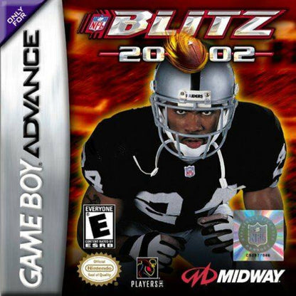 NFL Blitz 2002 Game Boy Advance cover art for retro video game featuring arcade style football gameplay, hard hitting tackles, fast paced matches, exaggerated sports action, and portable NFL competition on the GBA handheld system