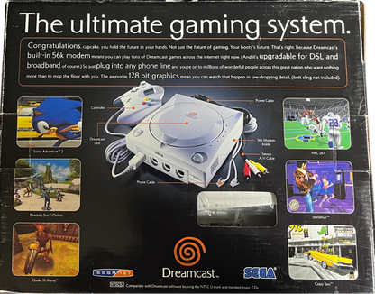 Sega Dreamcast console CIB complete in box system Sega Dreamcast hardware original box controller cables manuals GD ROM disc gaming retro console 128 bit gaming system Sega console bundle complete set box back