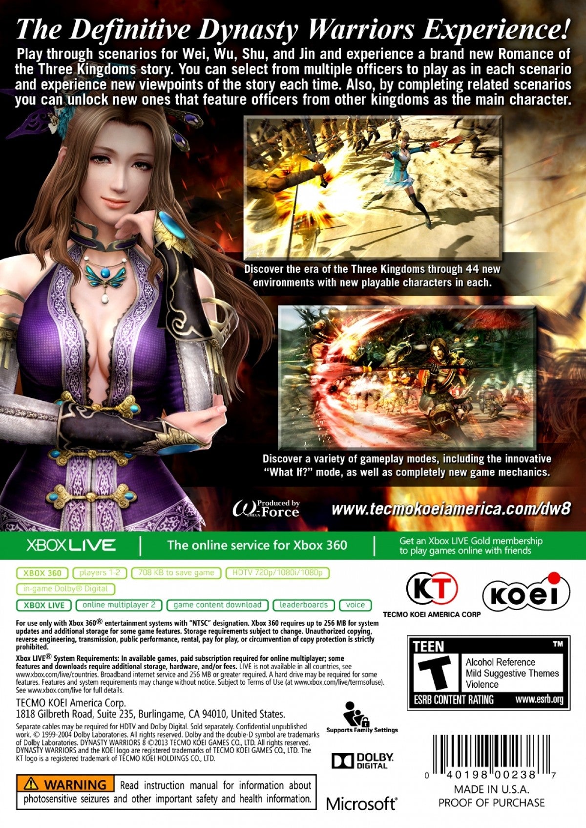Dynasty Warriors 8 Xbox 360 hack and slash action game Musou style combat massive battles ancient China Three Kingdoms Koei Tecmo Omega Force character roster story campaign multiplayer co op Xbox 360 software video game title gameplay back cover 