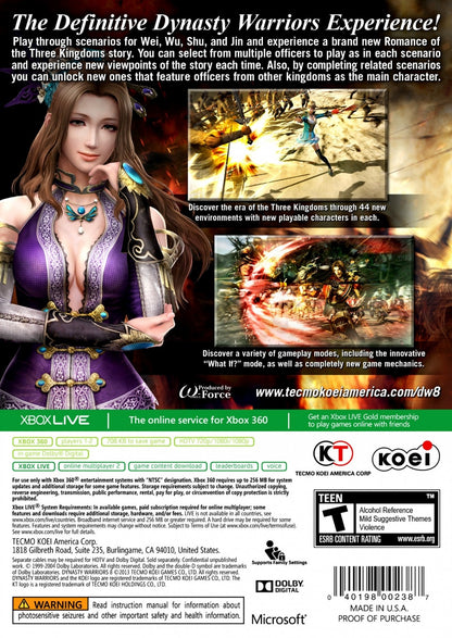Dynasty Warriors 8 Xbox 360 hack and slash action game Musou style combat massive battles ancient China Three Kingdoms Koei Tecmo Omega Force character roster story campaign multiplayer co op Xbox 360 software video game title gameplay back cover 