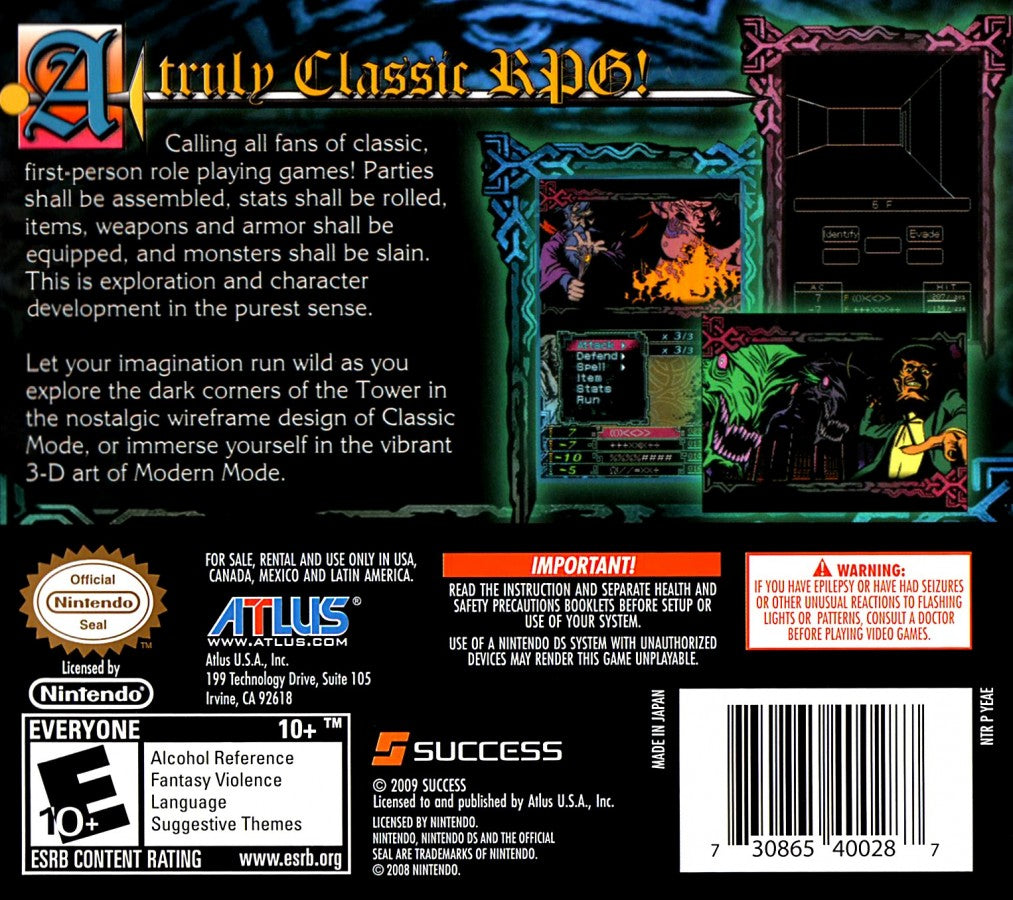 The Dark Spire game for the Nintendo DS featuring first person dungeon crawling RPG gameplay with classic grid based exploration party management and challenging turn based combat in a dark fantasy setting back cover art