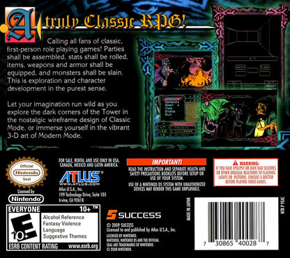 The Dark Spire game for the Nintendo DS featuring first person dungeon crawling RPG gameplay with classic grid based exploration party management and challenging turn based combat in a dark fantasy setting back cover art