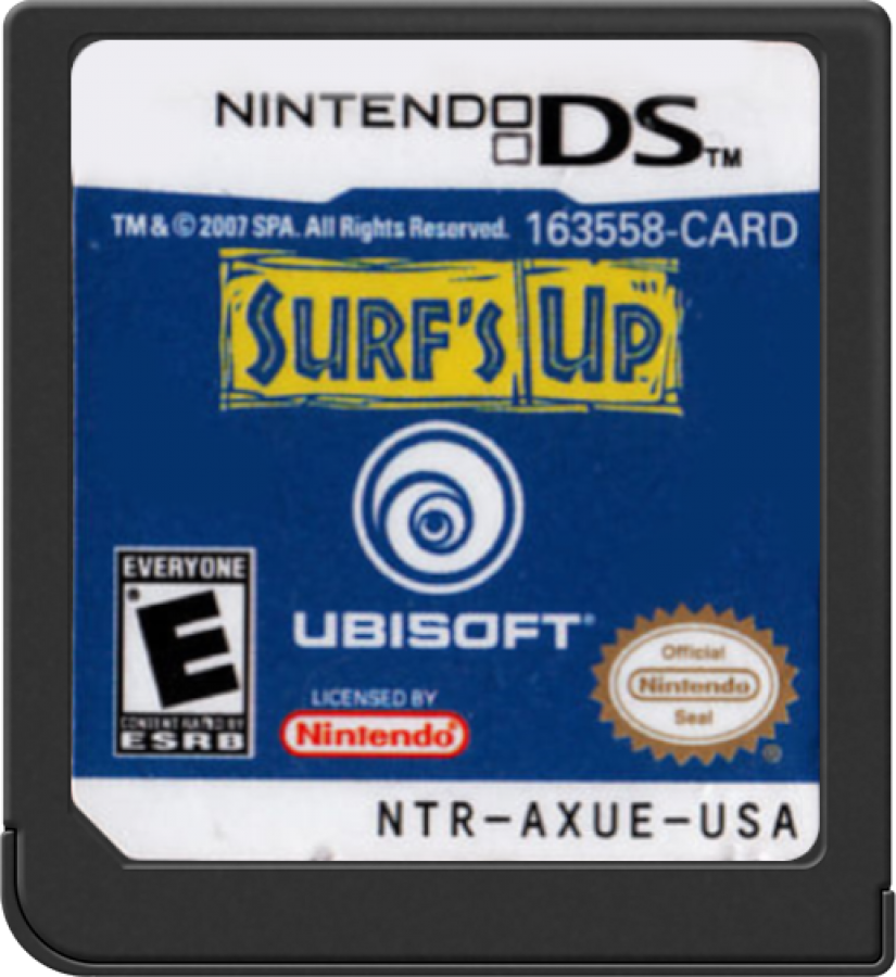 Surf’s Up for Nintendo DS (DS), cartridge for a retro video game featuring surfing sports gameplay, wave-riding challenges, trick-based competitions, character-based progression, and movie-inspired arcade action
