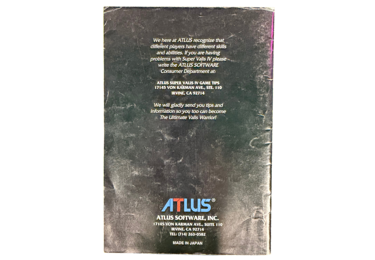 Super Valis IV Super Nintendo Entertainment System SNES retro video game action platformer featuring fantasy combat sword fighting challenging stages magical abilities enemy battles classic 16 bit graphics Super Nintendo gaming experience retro game collection appeal back of manuals