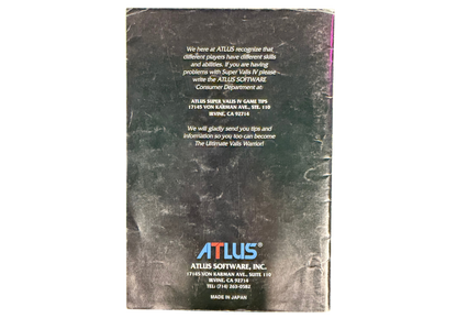 Super Valis IV Super Nintendo Entertainment System SNES retro video game action platformer featuring fantasy combat sword fighting challenging stages magical abilities enemy battles classic 16 bit graphics Super Nintendo gaming experience retro game collection appeal back of manuals