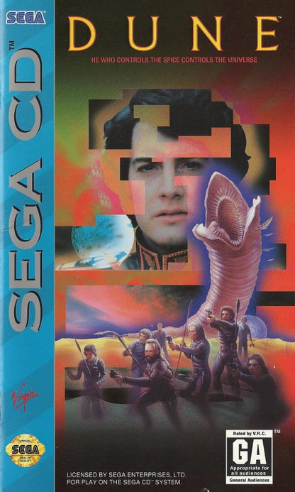 Dune Sega CD strategy adventure game real time strategy exploration Arrakis spice harvesting Frank Herbert sci fi Dune universe political intrigue house Atreides gameplay cinematic cutscenes retro gaming Sega CD software video game title cover art