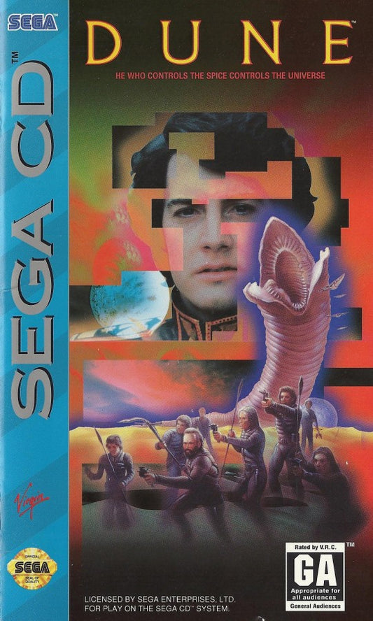 Dune Sega CD strategy adventure game real time strategy exploration Arrakis spice harvesting Frank Herbert sci fi Dune universe political intrigue house Atreides gameplay cinematic cutscenes retro gaming Sega CD software video game title cover art