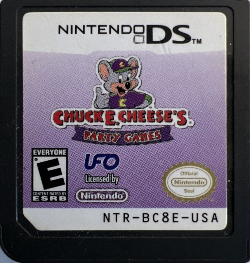 Chuck E Cheese’s Party Games for Nintendo DS, cartridge for a party mini-game video game with arcade-style challenges, multiplayer gameplay, family-friendly activities, and casual fun