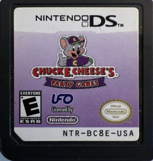 Chuck E Cheese’s Party Games for Nintendo DS, cartridge for a party mini-game video game with arcade-style challenges, multiplayer gameplay, family-friendly activities, and casual fun