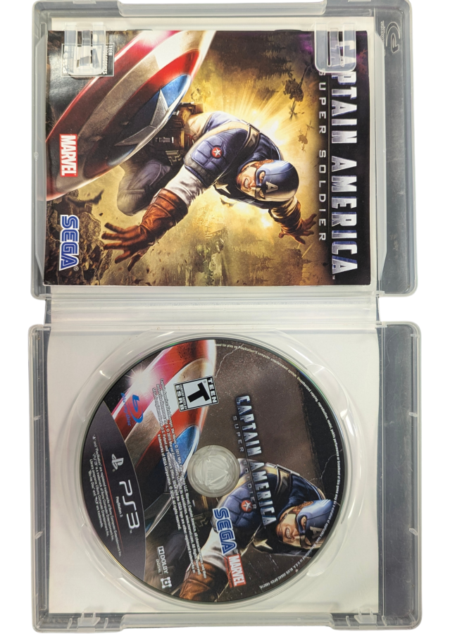 Captain America Super Soldier CIB PlayStation 3 PS3 video game featuring superhero action adventure gameplay Captain America shield combat enemy battles Hydra forces stealth takedowns shield throwing attacks acrobatic moves World War II settings cinematic missions and Marvel superhero storyline complete in box CIB edition retro video game collection collectible gaming appeal inside case with manual