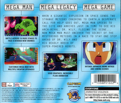 Retro Mega Man 8 Anniversary Collectors Edition inspired design featuring classic Capcom platformer action aesthetic vintage PlayStation era robot masters Dr Wily futuristic 2D side scrolling gameplay nostalgic blue bomber adventure back cover art