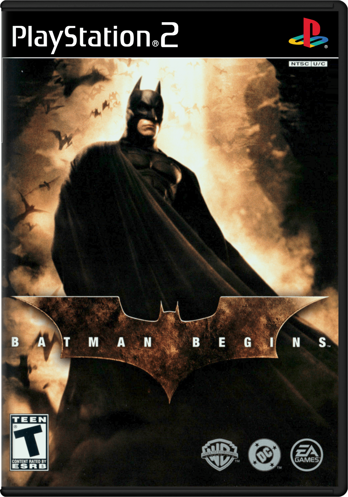 Batman Begins for PlayStation 2 with dark action-adventure theme based on the film cover art