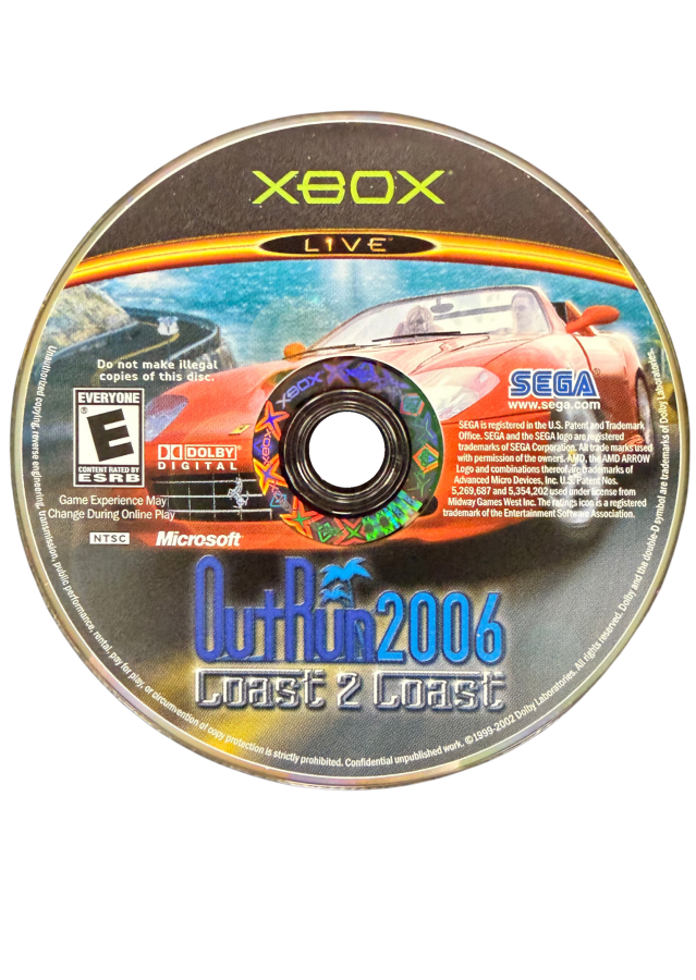 OutRun 2006 Coast 2 Coast Xbox retro video game racing action featuring high speed sports car driving exotic locations arcade racing gameplay drifting challenges time trials multiplayer racing classic OutRun style Xbox gaming experience collectible game collection appeal front of disc