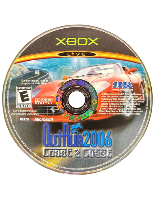 OutRun 2006 Coast 2 Coast Xbox retro video game racing action featuring high speed sports car driving exotic locations arcade racing gameplay drifting challenges time trials multiplayer racing classic OutRun style Xbox gaming experience collectible game collection appeal front of disc
