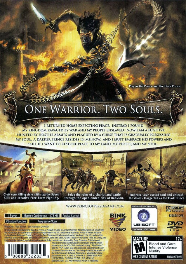Prince of Persia The Two Thrones PS2 Sony PlayStation 2 action adventure platformer Ubisoft parkour wall running acrobatic combat dagger of time stealth gameplay dark prince dual personality story driven gameplay retro gaming PlayStation 2 software video game title back cover art