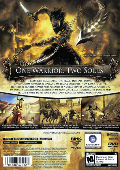Prince of Persia The Two Thrones PS2 Sony PlayStation 2 action adventure platformer Ubisoft parkour wall running acrobatic combat dagger of time stealth gameplay dark prince dual personality story driven gameplay retro gaming PlayStation 2 software video game title back cover art