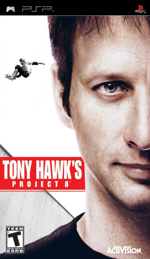 Tony Hawk's Project 8 PlayStation Portable PSP cover art for retro video game enthusiasts featuring skateboarding action gameplay realistic trick based mechanics open city skate environments career mode challenges combo scoring systems extreme sports presentation and portable handheld arcade style gaming experience and collectible gaming appeal