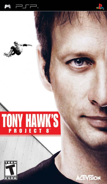 Tony Hawk's Project 8 PlayStation Portable PSP cover art for retro video game enthusiasts featuring skateboarding action gameplay realistic trick based mechanics open city skate environments career mode challenges combo scoring systems extreme sports presentation and portable handheld arcade style gaming experience and collectible gaming appeal