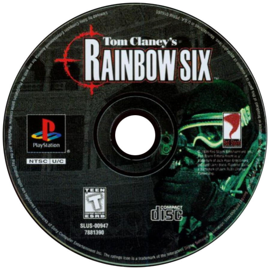Tom Clancy's Rainbow Six game for the PlayStation featuring tactical first person shooter gameplay with squad based command mechanics mission planning stealth elements and realistic counter terrorism operations across multiple global scenarios disc