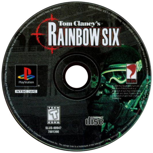 Tom Clancy's Rainbow Six game for the PlayStation featuring tactical first person shooter gameplay with squad based command mechanics mission planning stealth elements and realistic counter terrorism operations across multiple global scenarios disc