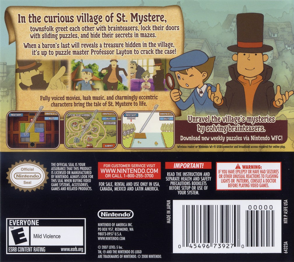 Professor Layton and the Curious Village game for the Nintendo DS featuring puzzle adventure gameplay with brain teasers riddles and story driven exploration as Professor Layton and Luke investigate mysteries in a charming European style village back cover