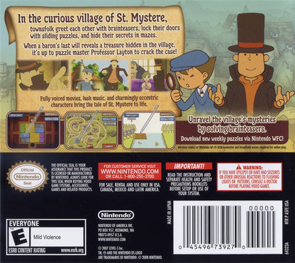 Professor Layton and the Curious Village game for the Nintendo DS featuring puzzle adventure gameplay with brain teasers riddles and story driven exploration as Professor Layton and Luke investigate mysteries in a charming European style village back cover