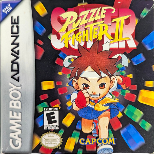 Super Puzzle Fighter II [CIB] for Game Boy Advance (GBA) featuring fast competitive gem dropping puzzle battles with chibi versions of Capcom fighters; chain combos send counter gems and outsmart opponents in this addictive complete in box arcade style classic front cover