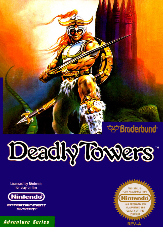 Deadly Towers retro NES video game Deadly Towers fantasy action adventure dungeon exploration sword combat classic RPG gameplay console title Nintendo Entertainment System release cover art