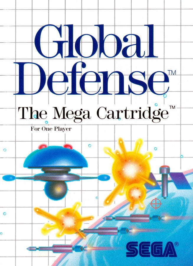 Global Defense Sega Master System SMS for arcade shooting strategy video game fans featuring futuristic defense gameplay enemy invasions missile targeting strategic combat multiple stages power ups challenging missions and classic Sega Master System gameplay collectible retro gaming appeal front cover art