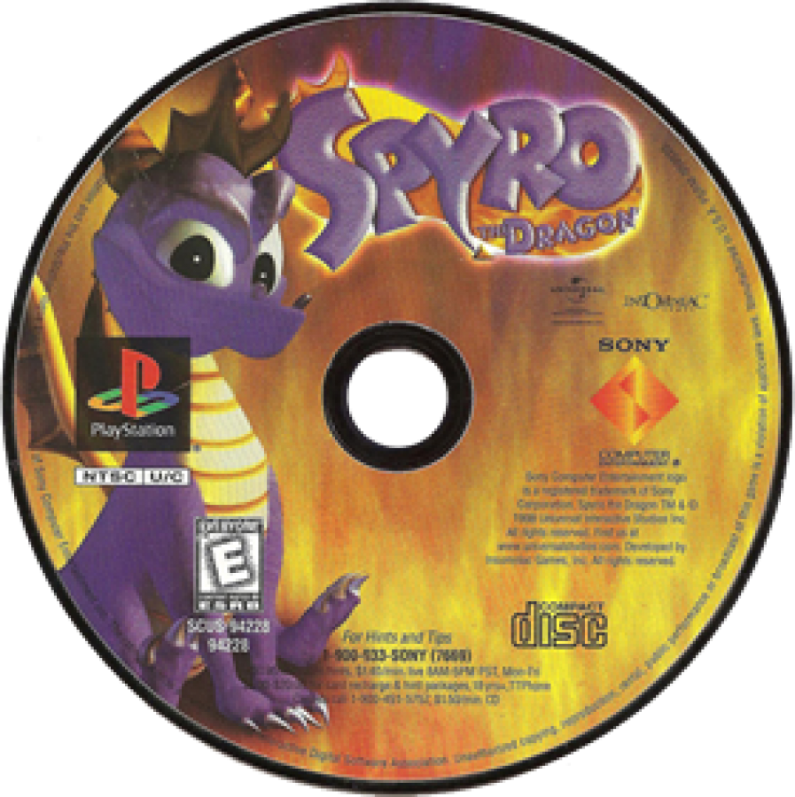 Spyro the Dragon disc for PlayStation 1 (PS1) platformer adventure video game