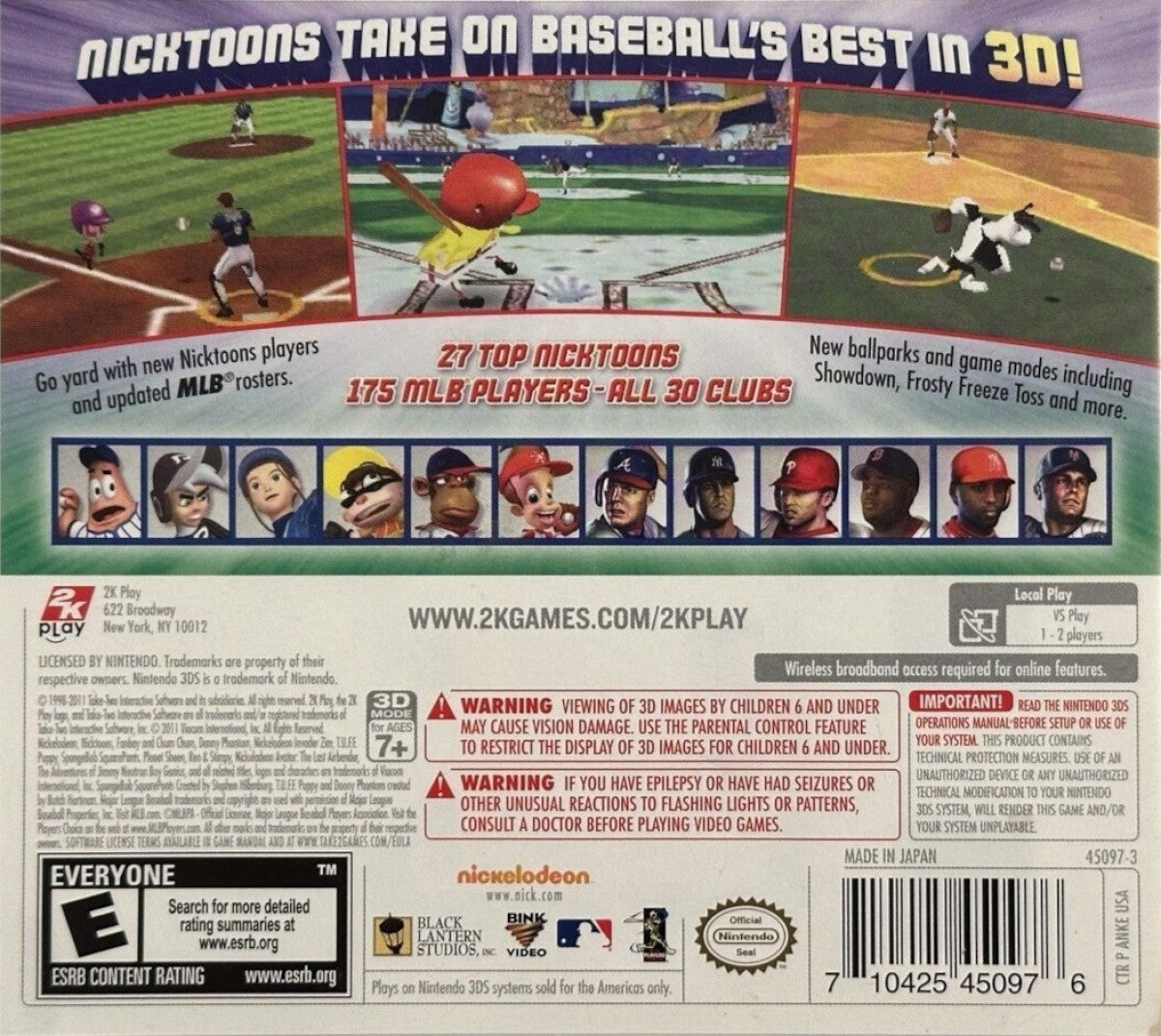 Nicktoons MLB 3D Nintendo 3DS video game featuring arcade style baseball gameplay Nickelodeon cartoon characters official MLB teams multiplayer modes and colorful family friendly sports action in immersive 3D back cover