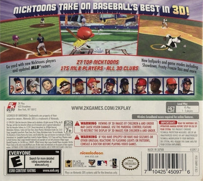 Nicktoons MLB 3D Nintendo 3DS video game featuring arcade style baseball gameplay Nickelodeon cartoon characters official MLB teams multiplayer modes and colorful family friendly sports action in immersive 3D back cover