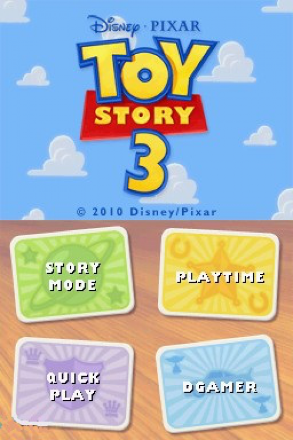 Disney Pixar Toy Story 3 The Video Game Nintendo DS video game, action adventure, movie tie-in gameplay, family-friendly handheld console title main menu title screen