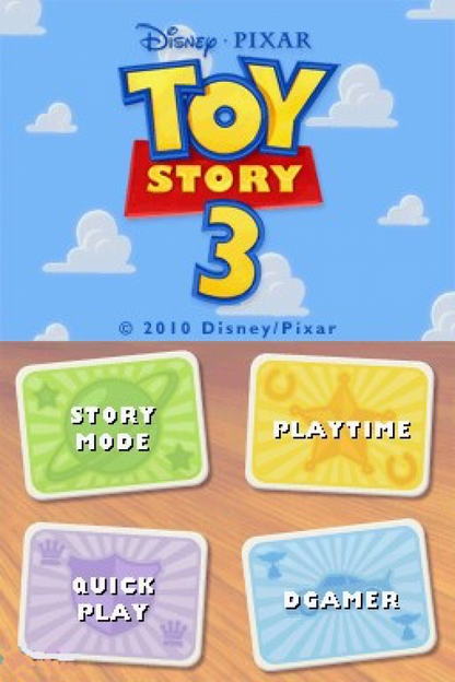 Disney Pixar Toy Story 3 The Video Game Nintendo DS video game, action adventure, movie tie-in gameplay, family-friendly handheld console title main menu title screen