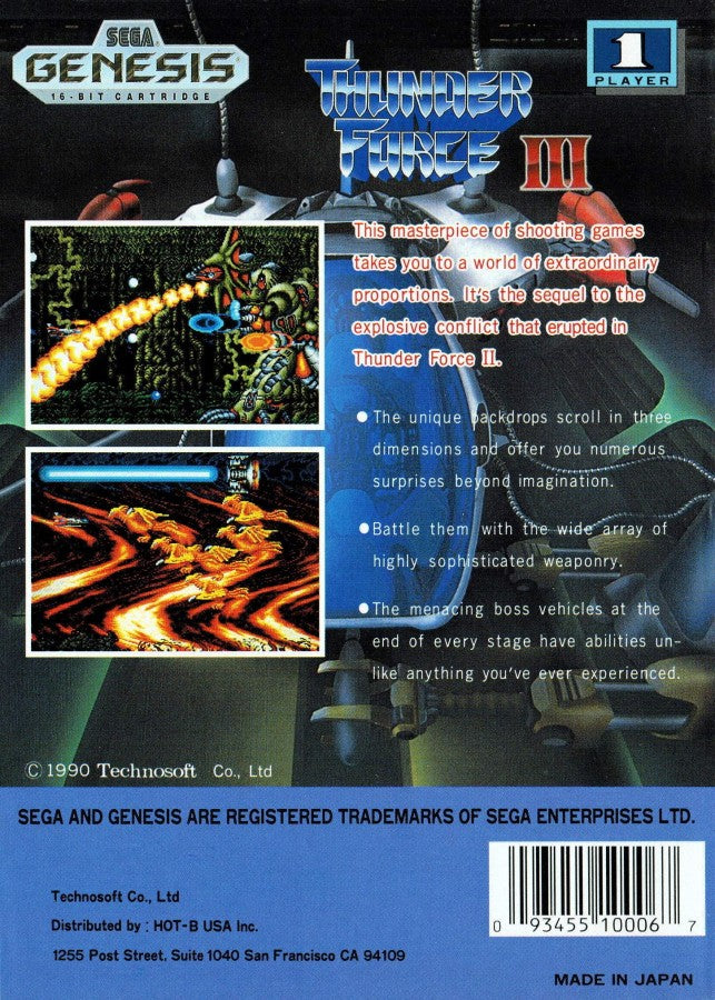 Thunder Force III Sega Genesis GEN for retro video game enthusiasts featuring classic shoot em up gameplay fast paced horizontal scrolling action futuristic spacecraft intense enemy battles powerful weapon upgrades vibrant 16 bit graphics and collectible gaming appeal back art 