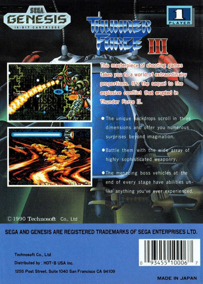 Thunder Force III Sega Genesis GEN for retro video game enthusiasts featuring classic shoot em up gameplay fast paced horizontal scrolling action futuristic spacecraft intense enemy battles powerful weapon upgrades vibrant 16 bit graphics and collectible gaming appeal back art 