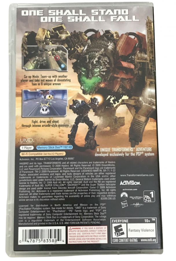 Transformers Revenge of the Fallen PSP for action video game fans featuring Autobots and Decepticons fast paced robot combat vehicle transformations explosive missions powerful weapons cinematic battles and portable PlayStation Portable gameplay collectible gaming appeal back