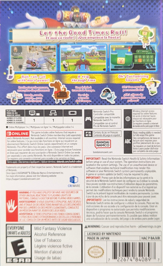 Once Upon A Katamari Nintendo Switch whimsical rolling puzzle adventure game fairy tale theme rolling up objects to restore stories creative gameplay King of All Cosmos colorful worlds back cover art