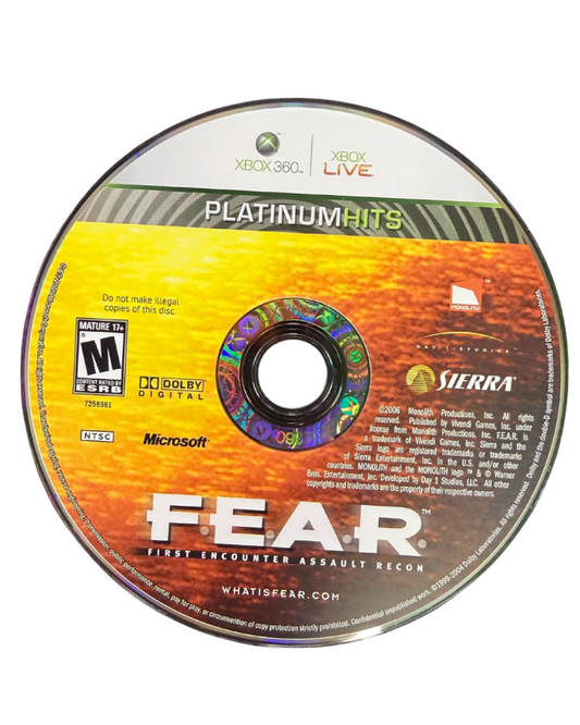 F.E.A.R. Platinum Hits for Xbox 360 first person shooter survival horror video game featuring intense supernatural combat, psychological terror, cinematic storytelling, and immersive atmospheric gameplay experience disc
