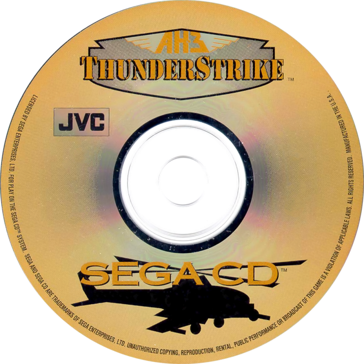 AH-3 Thunderstrike Sega CD helicopter combat flight shooter arcade style aerial missions military action top down shooting bombing runs fast paced gameplay CD audio soundtrack retro gaming Sega CD software video game title disc